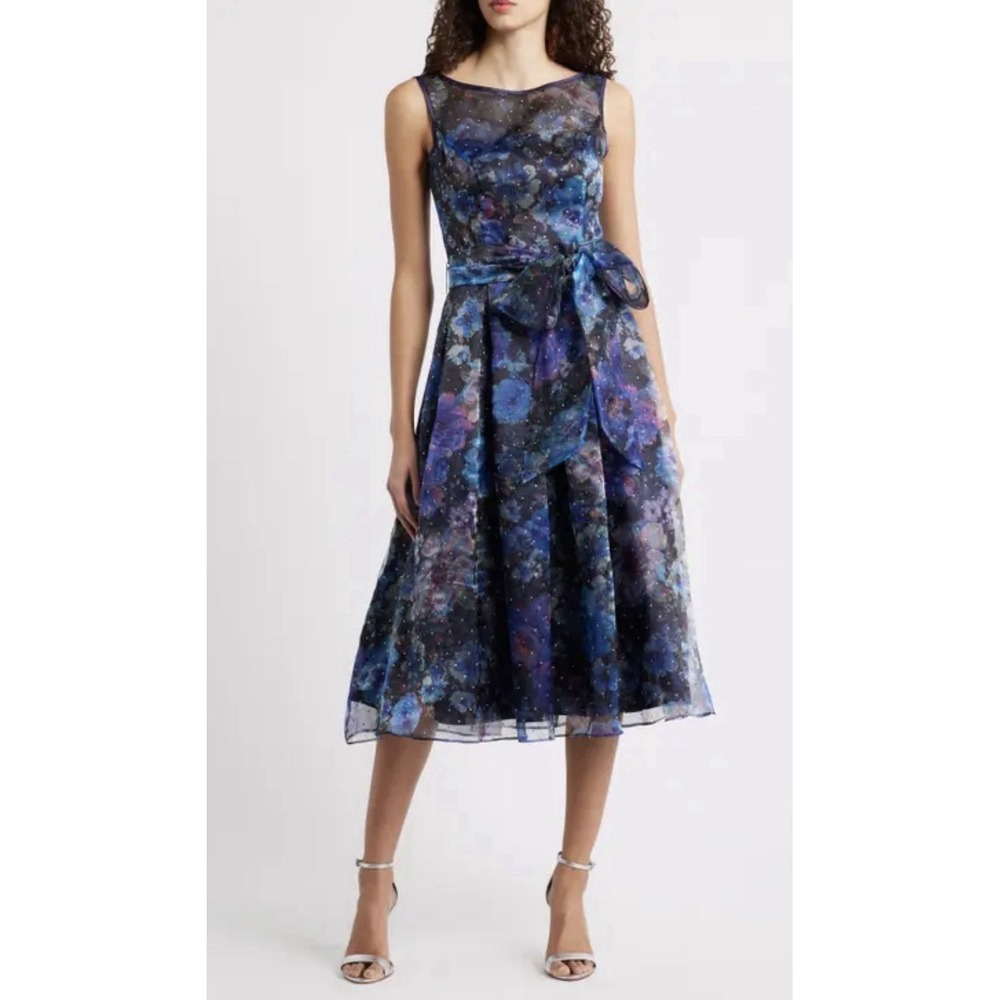 NWT Eliza J Sequin Belted Floral Fit & Flare Cocktail Midi Dress Size 14 $228